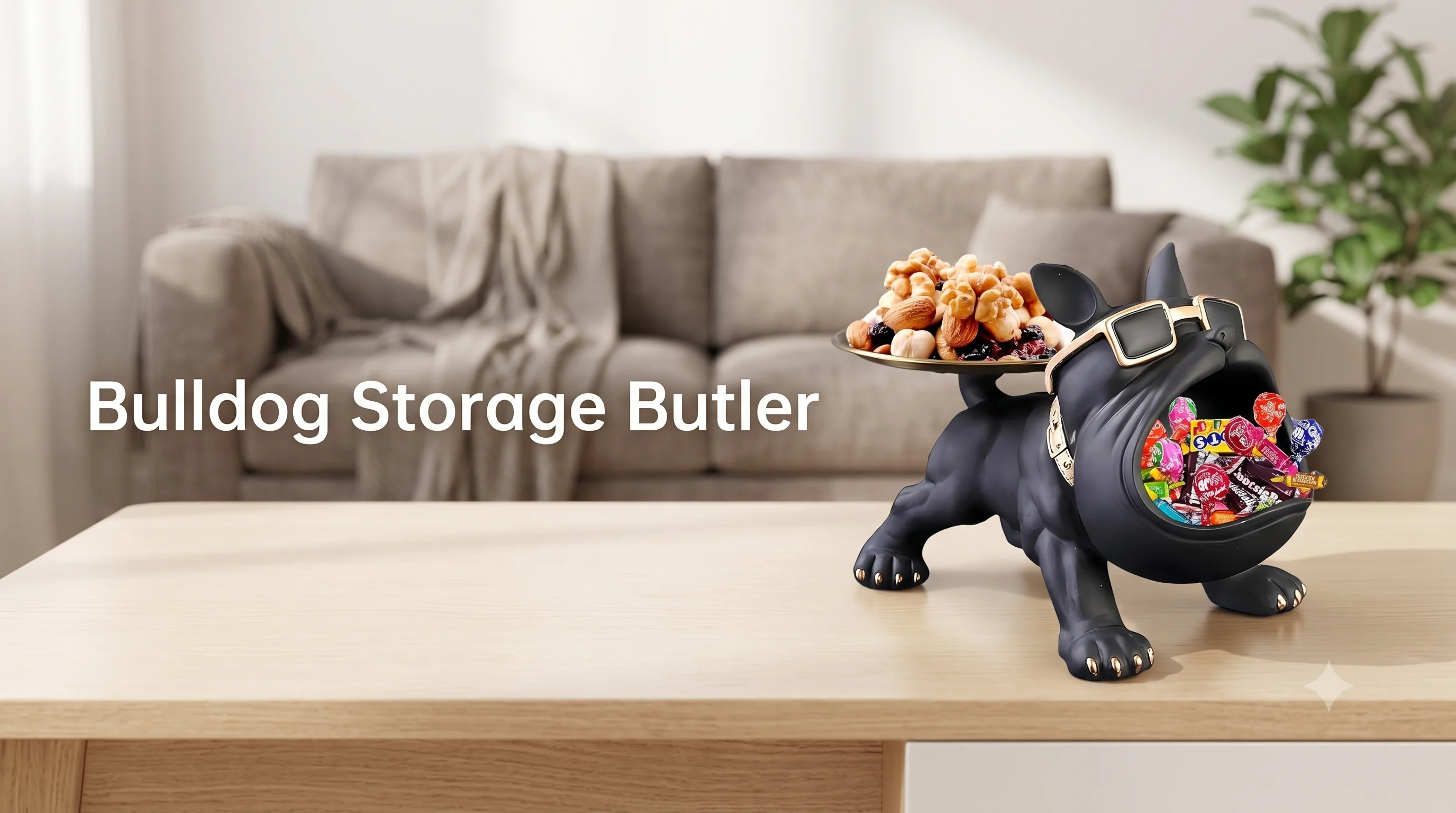SkyRay Bulldog Storage Butler sculpture in black resin holding candy and nuts on a desk in India
