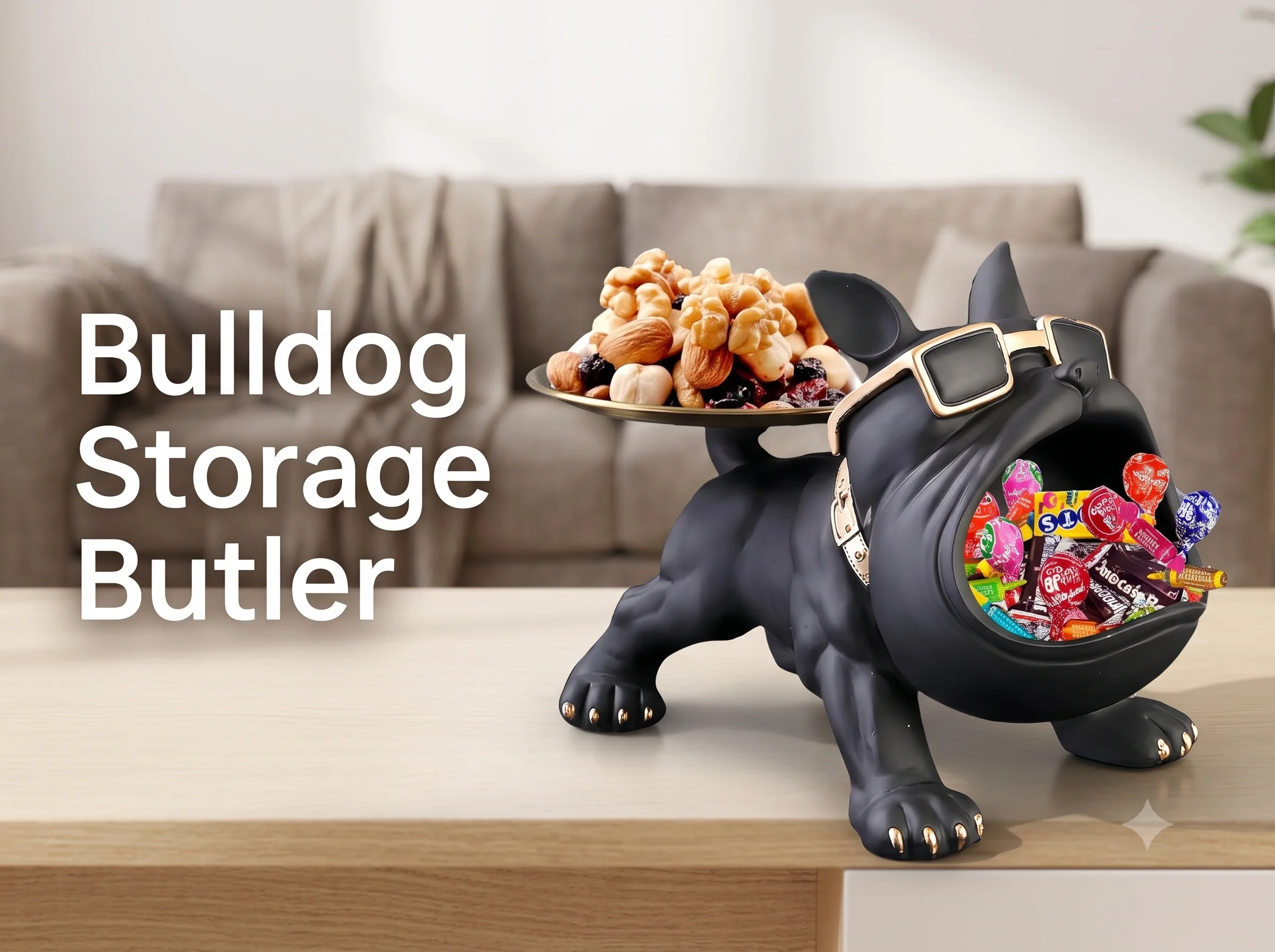 SkyRay Bulldog Storage Butler sculpture in black resin holding candy and nuts on a desk in India