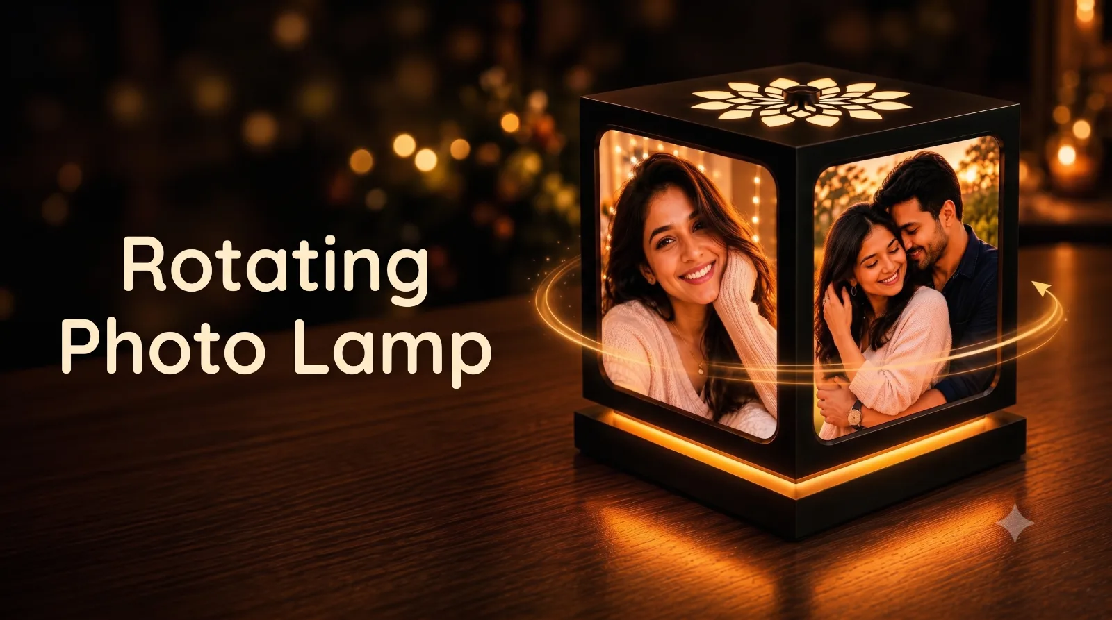 ZOCI VOCI personalized rotating photo lamp with 4 photos glowing, a memory gift made in India