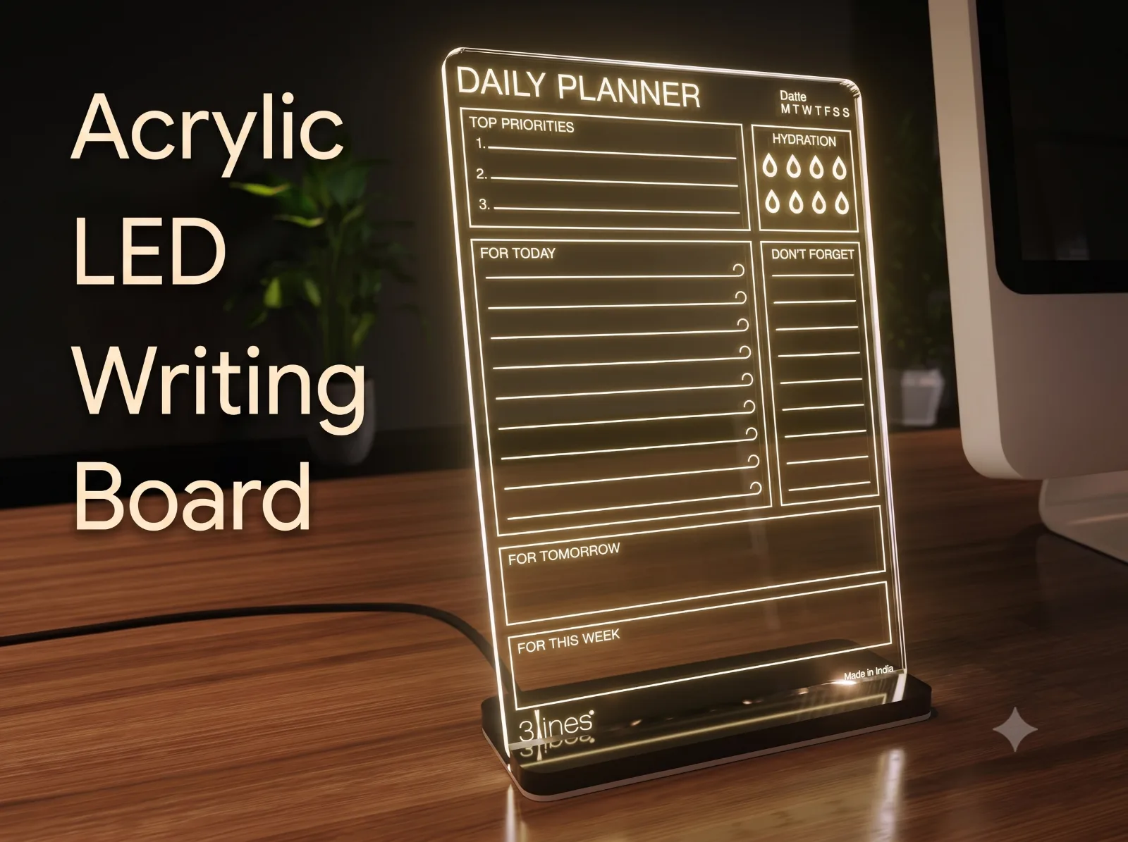 3 Lines Glowrite acrylic LED writing board glowing on a desk as a daily planner in India