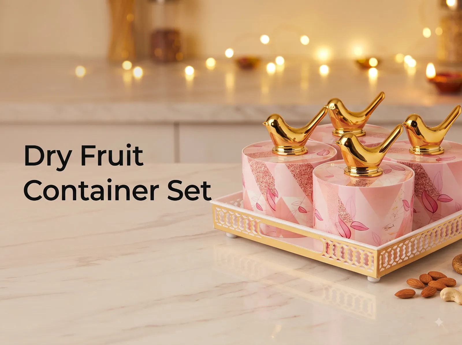 Solimo pink dry fruit container set with serving tray and airtight lids for Indian kitchens